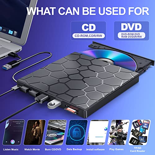 External DVD Drive for Laptop, USB |0 Portable, 8 in 1 DVD Player Optical Compatible with Windows 11/10/8/7 Linux  
Exte